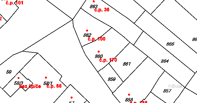 Týnec 170 na parcele st. 860 v KÚ Týnec na Moravě, Katastrální mapa