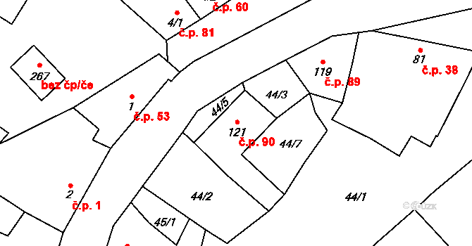 Lískovec 90, Koryčany na parcele st. 121 v KÚ Lískovec, Katastrální mapa