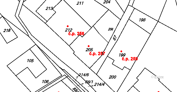Brodek u Konice 257 na parcele st. 205 v KÚ Brodek u Konice, Katastrální mapa
