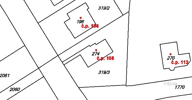 Čunín 108, Konice na parcele st. 274 v KÚ Čunín, Katastrální mapa