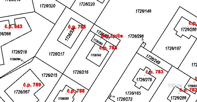 Hrušovany u Brna 784 na parcele st. 1726/392 v KÚ Hrušovany u Brna, Katastrální mapa