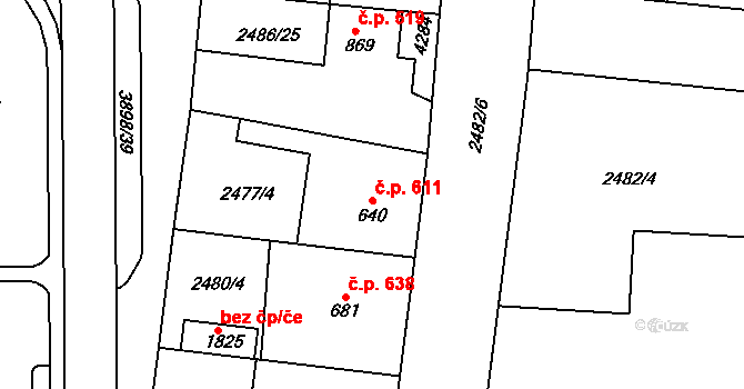 Dobřany 611 na parcele st. 640 v KÚ Dobřany, Katastrální mapa