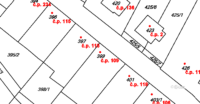 Práče 109 na parcele st. 399 v KÚ Práče, Katastrální mapa