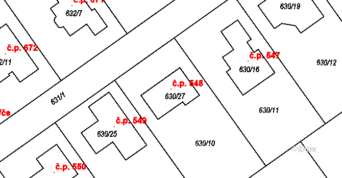 Jirny 548 na parcele st. 630/27 v KÚ Jirny, Katastrální mapa