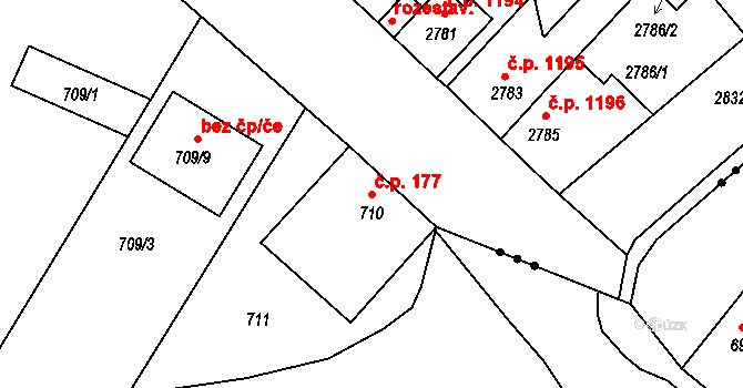 Stará Pohůrka 177, Srubec na parcele st. 710 v KÚ Srubec, Katastrální mapa