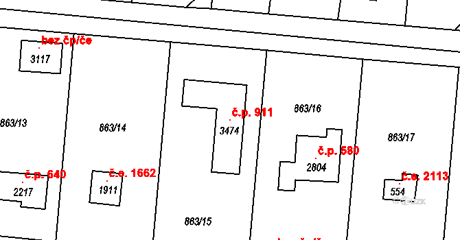 Litice 911, Plzeň na parcele st. 3474 v KÚ Valcha, Katastrální mapa