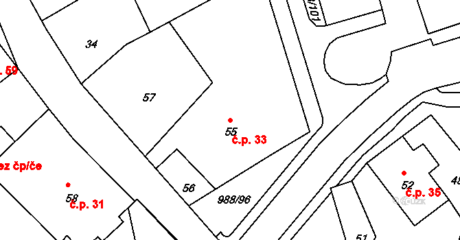 Rýnovice 33, Jablonec nad Nisou na parcele st. 55 v KÚ Rýnovice, Katastrální mapa