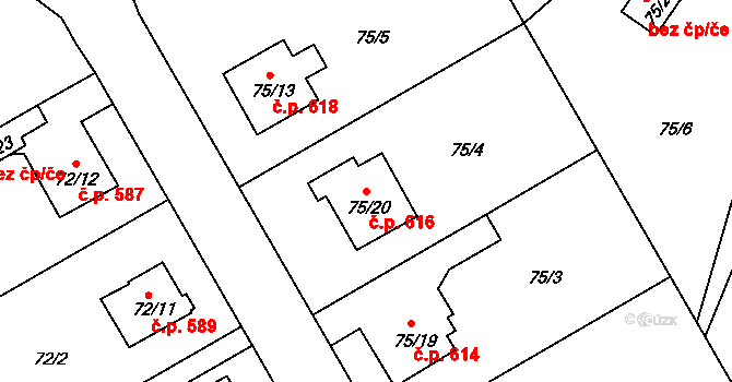 Lyžbice 616, Třinec na parcele st. 75/20 v KÚ Lyžbice, Katastrální mapa