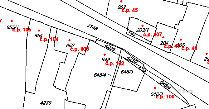 Čelákovice 102 na parcele st. 649 v KÚ Čelákovice, Katastrální mapa