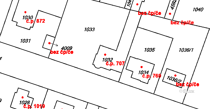 Čelákovice 707 na parcele st. 1032 v KÚ Čelákovice, Katastrální mapa
