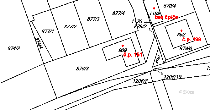 Olšany 151, Brandýsek na parcele st. 909 v KÚ Brandýsek, Katastrální mapa