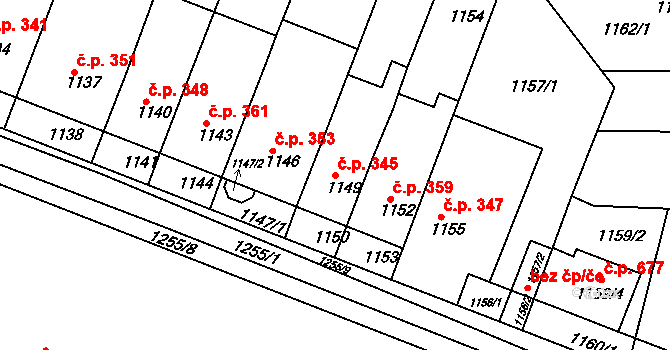 Hrušovany u Brna 345 na parcele st. 1149 v KÚ Hrušovany u Brna, Katastrální mapa