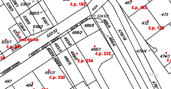 Zarazice 232, Veselí nad Moravou na parcele st. 486/1 v KÚ Zarazice, Katastrální mapa