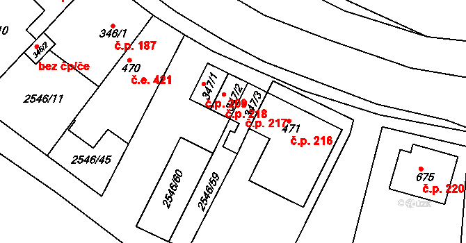 Rusava 218 na parcele st. 347/2 v KÚ Rusava, Katastrální mapa