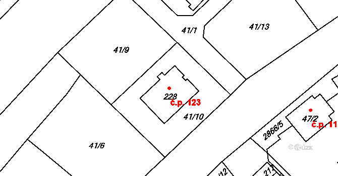 Branná 123, Třeboň na parcele st. 228 v KÚ Branná, Katastrální mapa