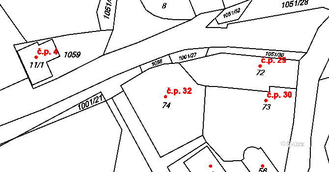 Senotín 32, Nová Bystřice na parcele st. 74 v KÚ Senotín, Katastrální mapa