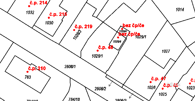 Dačice V 48, Dačice na parcele st. 1028/1 v KÚ Dačice, Katastrální mapa