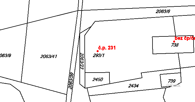 Hudlice 231 na parcele st. 293/1 v KÚ Hudlice, Katastrální mapa
