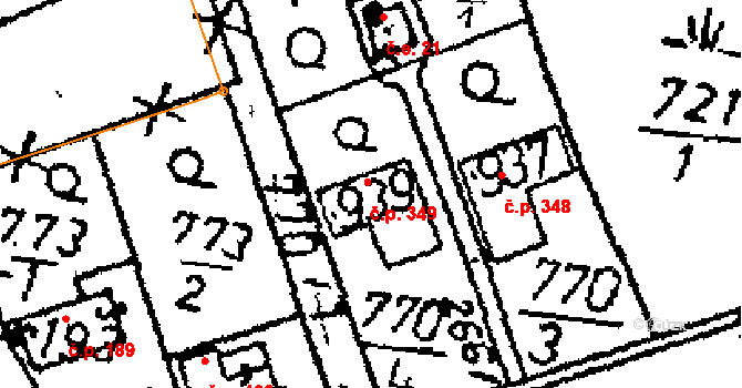 Vráž 349 na parcele st. 939 v KÚ Vráž u Berouna, Katastrální mapa