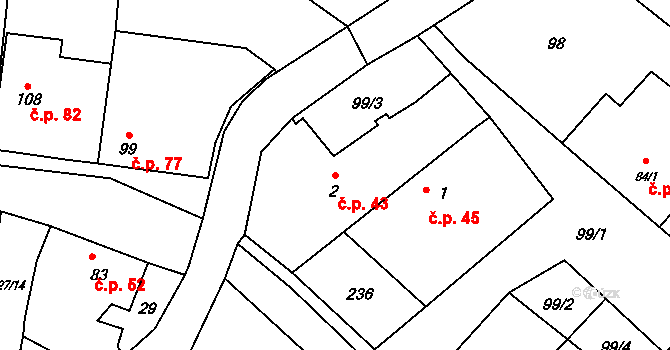 Mezice 43, Náklo na parcele st. 2 v KÚ Mezice, Katastrální mapa