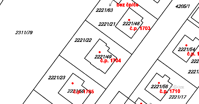 Roudnice nad Labem 1704 na parcele st. 2221/49 v KÚ Roudnice nad Labem, Katastrální mapa