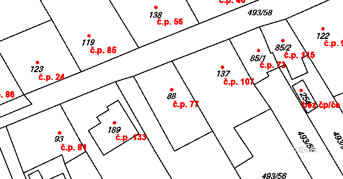 Juřinka 77, Valašské Meziříčí na parcele st. 88 v KÚ Juřinka, Katastrální mapa
