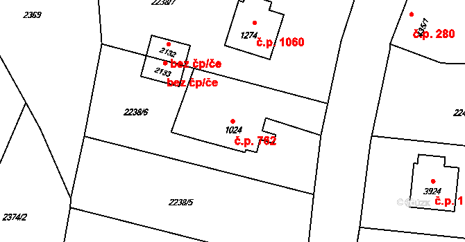 Rožnov pod Radhoštěm 762 na parcele st. 1024 v KÚ Rožnov pod Radhoštěm, Katastrální mapa