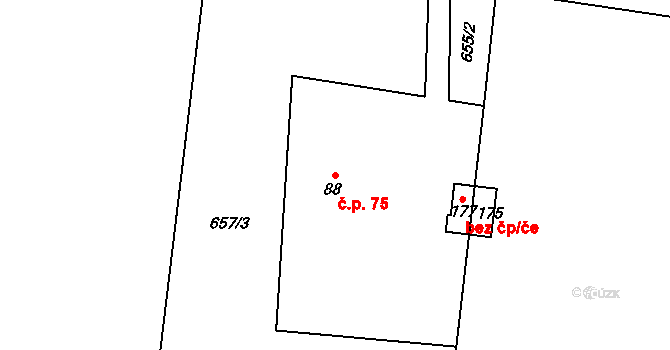 Brtev 75, Lázně Bělohrad na parcele st. 88 v KÚ Brtev, Katastrální mapa