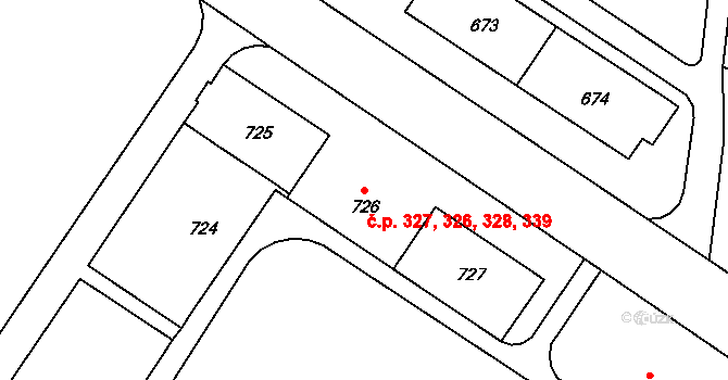 Milovice 326,327,328,339 na parcele st. 726 v KÚ Milovice nad Labem, Katastrální mapa