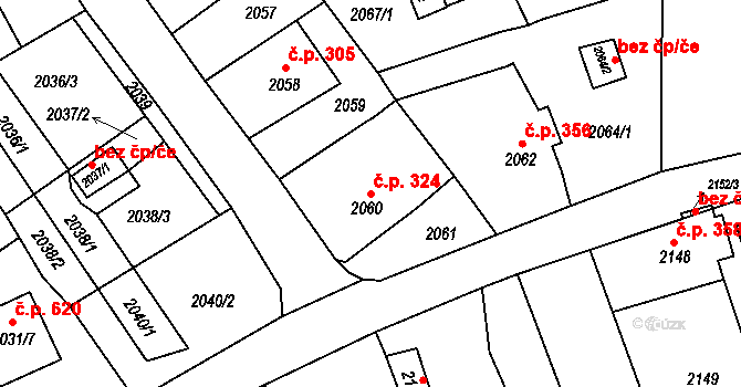 Útočiště 324, Klášterec nad Ohří na parcele st. 2060 v KÚ Klášterec nad Ohří, Katastrální mapa