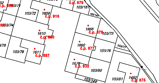 Podklášteří 877, Třebíč na parcele st. 1860 v KÚ Podklášteří, Katastrální mapa