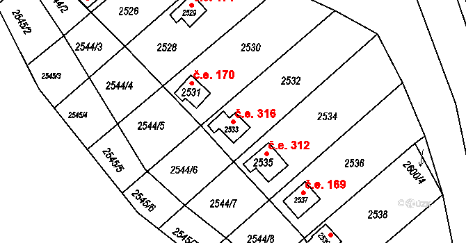 Obřany 316, Brno na parcele st. 2533 v KÚ Obřany, Katastrální mapa