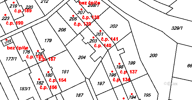 Medlánky 140, Brno na parcele st. 203 v KÚ Medlánky, Katastrální mapa