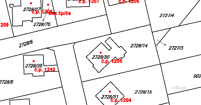 Pelhřimov 1205 na parcele st. 2728/30 v KÚ Pelhřimov, Katastrální mapa