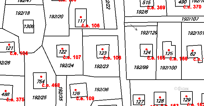 Dřenice 108, Cheb na parcele st. 123 v KÚ Dřenice u Chebu, Katastrální mapa
