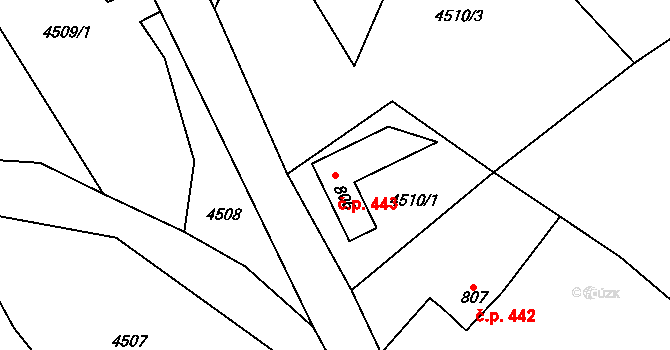 Halenkov 443 na parcele st. 806 v KÚ Halenkov, Katastrální mapa