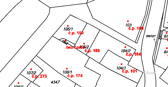 Lomnice nad Lužnicí 186 na parcele st. 105/2 v KÚ Lomnice nad Lužnicí, Katastrální mapa
