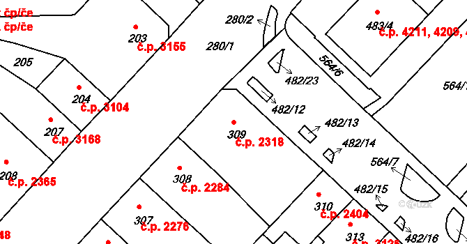Chomutov 2318 na parcele st. 309 v KÚ Chomutov II, Katastrální mapa