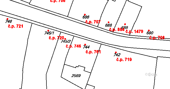 Rosice 761 na parcele st. 744 v KÚ Rosice u Brna, Katastrální mapa
