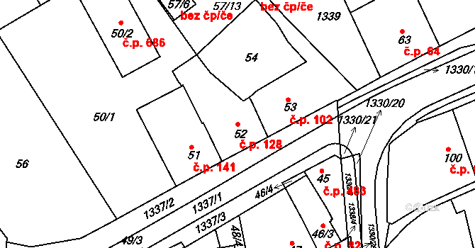 Božkov 128, Plzeň na parcele st. 52 v KÚ Božkov, Katastrální mapa