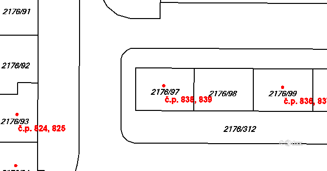 Skvrňany 838,839, Plzeň na parcele st. 2176/98 v KÚ Skvrňany, Katastrální mapa