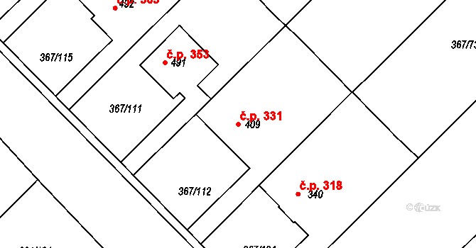 Čebín 331 na parcele st. 409 v KÚ Čebín, Katastrální mapa