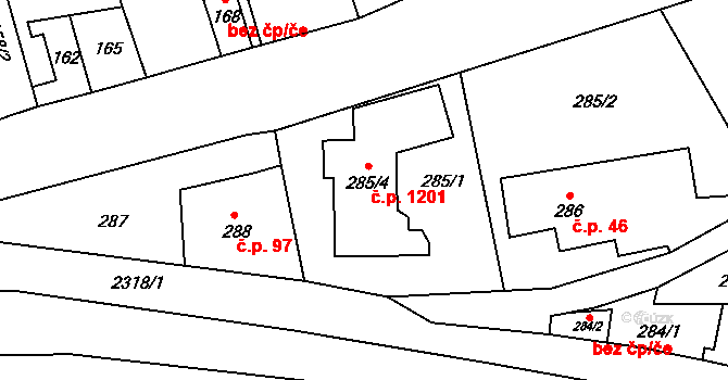 Suchdol 1201, Praha na parcele st. 285/4 v KÚ Suchdol, Katastrální mapa