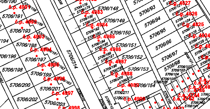 Jihlava 4987 na parcele st. 5706/186 v KÚ Jihlava, Katastrální mapa