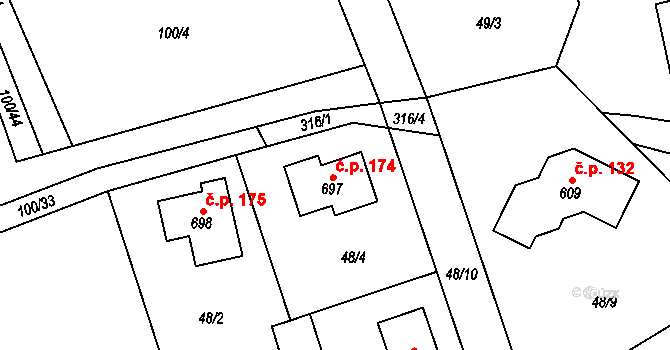 Černolice 174 na parcele st. 697 v KÚ Černolice, Katastrální mapa