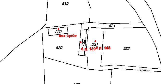 Borek 150, Rokycany na parcele st. 222 v KÚ Borek u Rokycan, Katastrální mapa