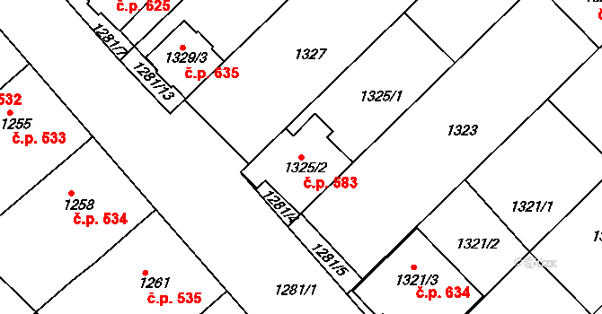Hrušky 583 na parcele st. 1325/2 v KÚ Hrušky, Katastrální mapa