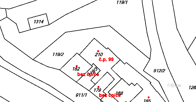 Bojiště 99, Trutnov na parcele st. 210 v KÚ Bojiště u Trutnova, Katastrální mapa