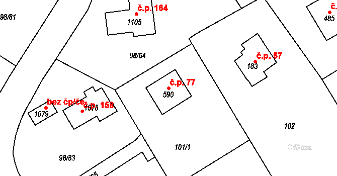 Čtyřkoly 77 na parcele st. 590 v KÚ Čtyřkoly, Katastrální mapa