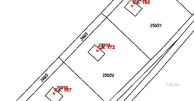 Tušimice 172, Kadaň na parcele st. 250/15 v KÚ Tušimice, Katastrální mapa
